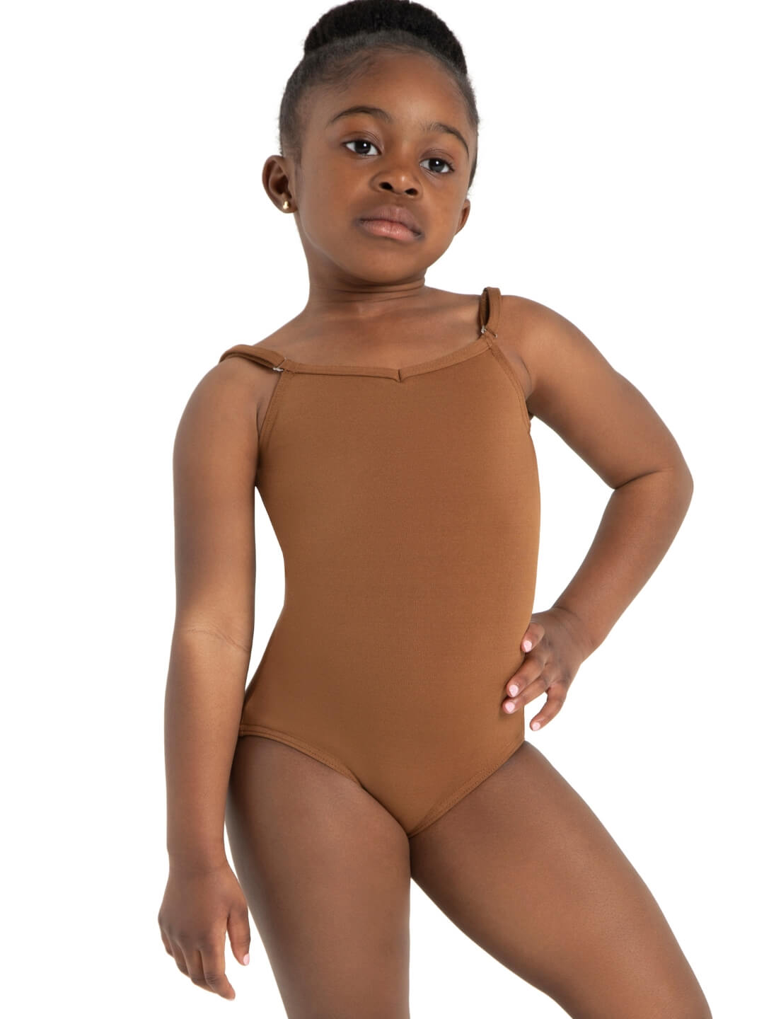 Camisole Leotard with Adjustable Straps for Girls: Soft, stretchy leotard featuring adjustable straps - tan